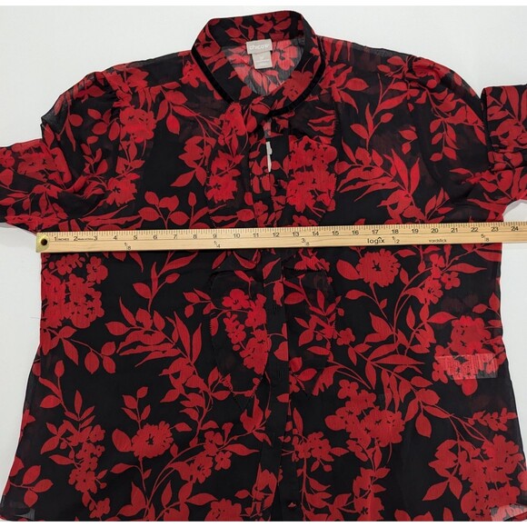 Chico's Red Black Floral Long Sleeve Sheer Ruffle Button Size 3P XL Petite - Picture 6 of 12